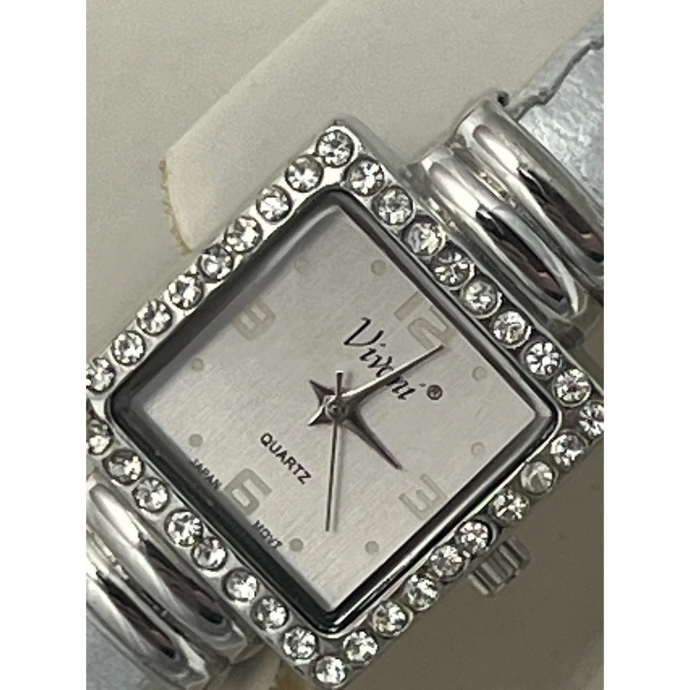 Vivani Women's Silver-Tone Rhinestone‎ Square Dial Quartz Bangle Cuff Watch New
